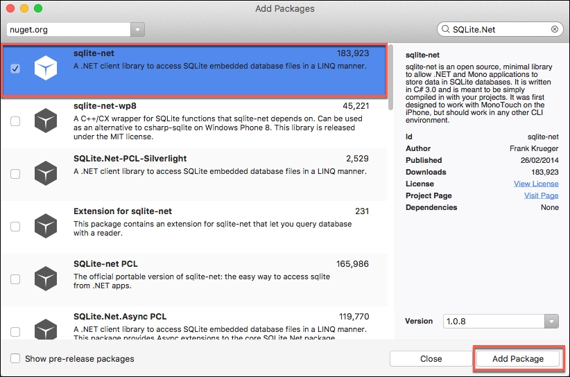 Adding the SQLite.Net package to the BookLibrary solution