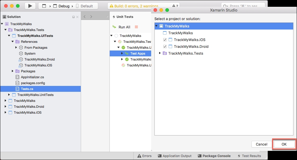 Running the TrackMyWalks UITests using Xamarin Studio