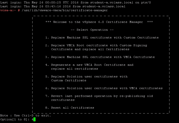 Regenerating a new VMCA root certificate and replacing all certificates