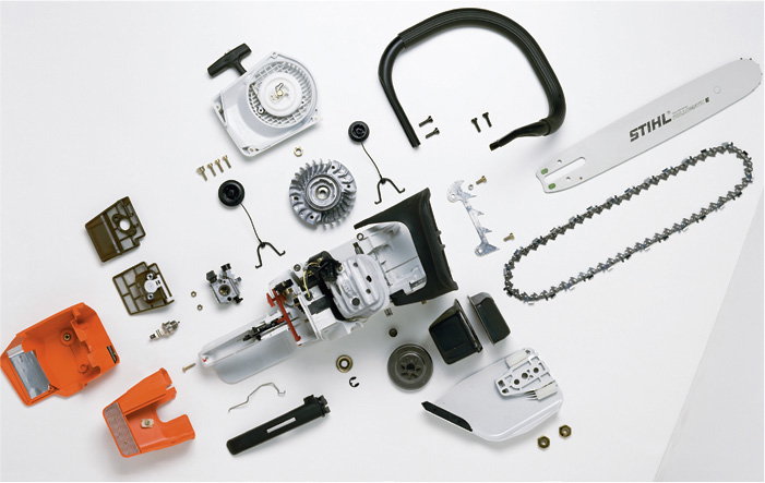 Components of a disassembled chainsaw is shown.