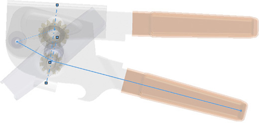 A 3D wireframe drawing shows the main centerlines of the can opener parts.