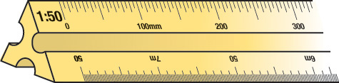 Figure shows a portion of a measuring scale with a "1 is to 50" ratio metric. The readings on the top portion are labeled in increments of 100 millimeters.
