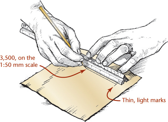 Illustration shows a person using a pencil and a measuring scale to draw a line.