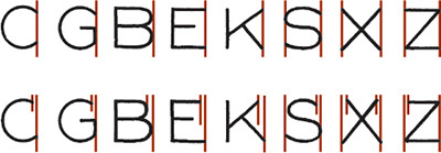 Figure shows two sets of strokes of the alphabets: C, G, B, E, K, S, X, and Z at the top and bottom.