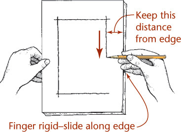 A rectangle is drawn on a sheet of paper with a pencil. A bi-directional arrow labeled, Keep this distance from the edge is placed between the border of the rectangle and the page.