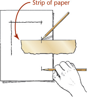 Two sides of a rectangle are drawn on a sheet of paper. A strip of paper is placed on the other side with outlines marked.