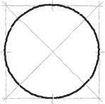 Sketch of a square with the midpoints of the side marked. Center lines are drawn on arcs connecting the midpoints and are darken to form a circle.