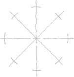Arcs are drawn to form a circle on a set of four center lines.