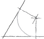 An inclined line and a horizontal line intersects approximately at 30-degree angle. The center of the arc is marked. Perpendicular lines are drawn from the center of the arc to the tangent. An arc is drawn perpendicular to the lines.