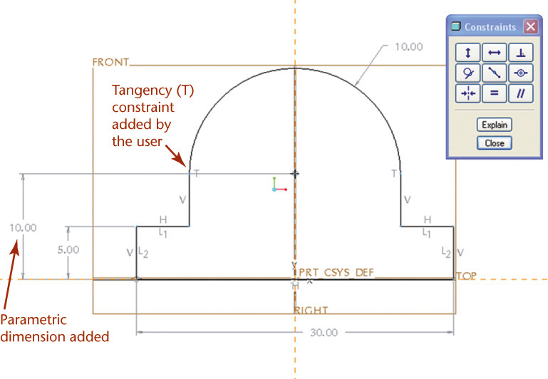 Screenshot shows a constrained sketch in pro/ENGINEER sketch.