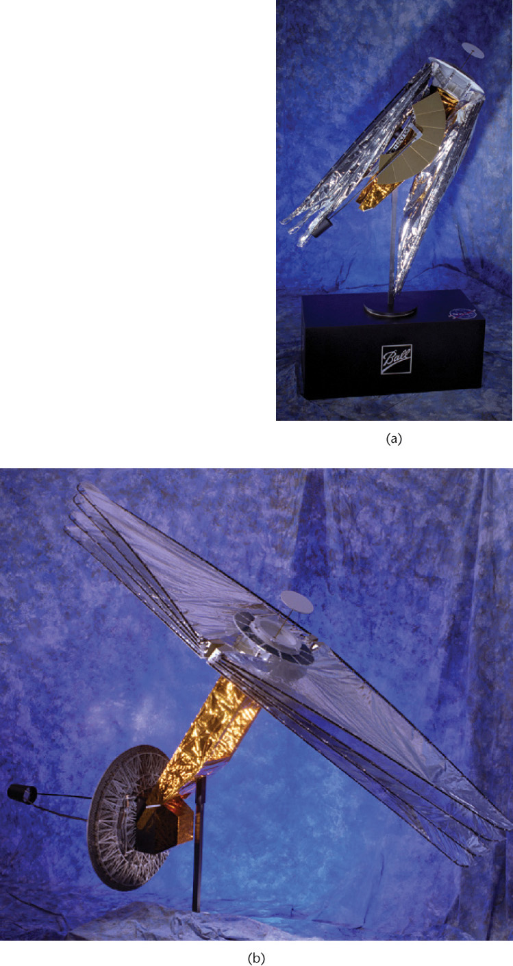 Two photographs placed at the top and bottom shows a scale model design by Ball Aerospace for the Next Generation Space Telescope.