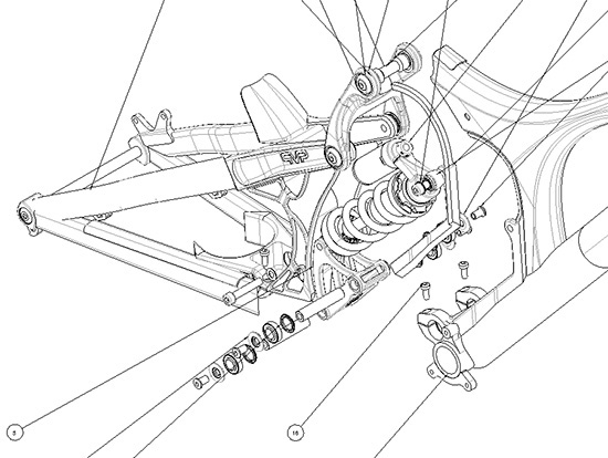 Exploded view diagram of V10s swingarm depicts assembly of various parts.