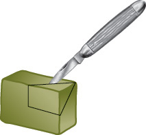 Figure shows clay model of a rectangle with a knife. A score line in the form of a cone is drawn over the top-right edge of the rectangle with the help of the knife.