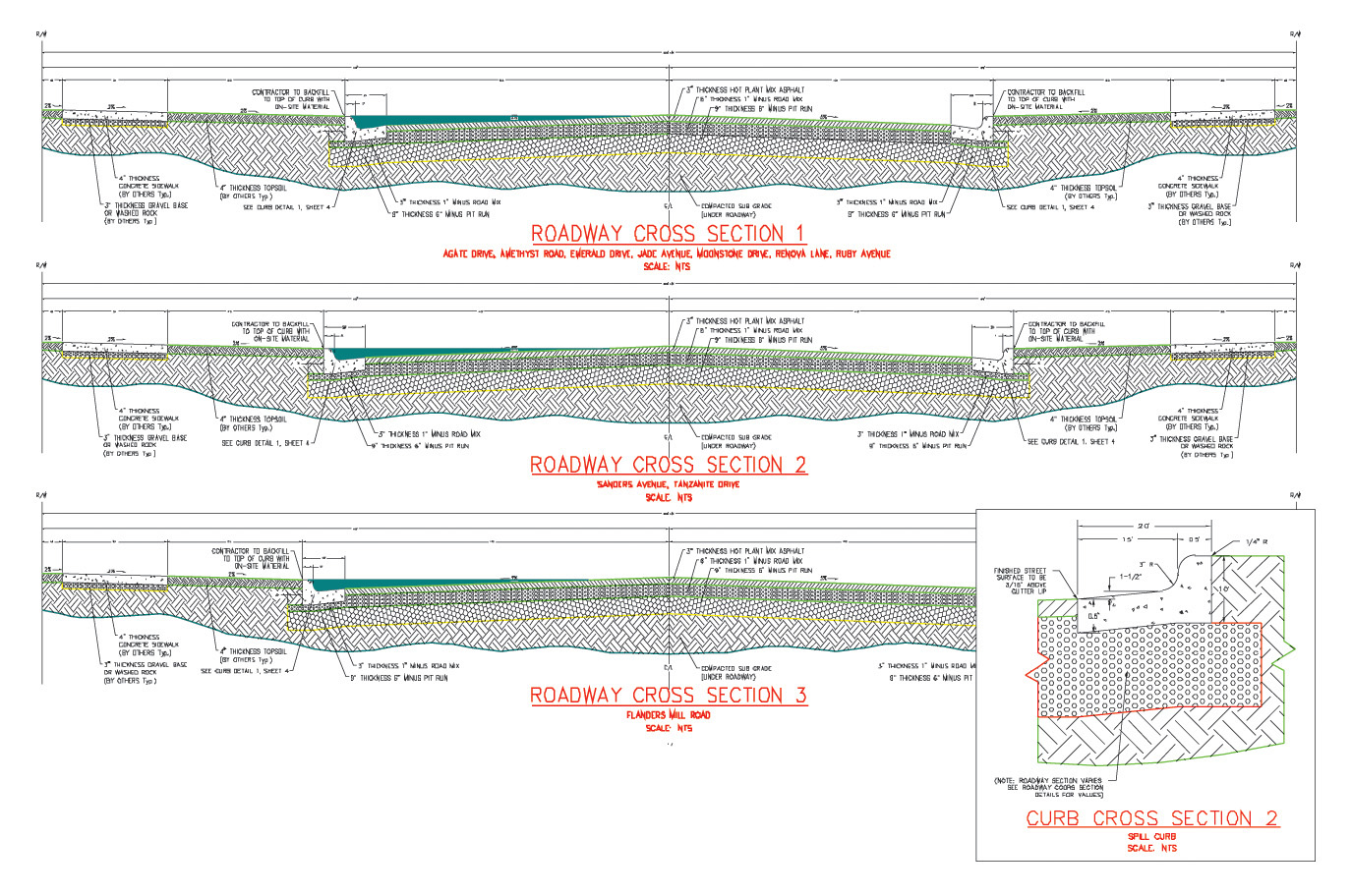 Drawings of three roadway cross-sections and a curb cross-section is shown with all the details labeled.