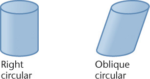 Figure shows a cylinder labeled, right circular and a cylinder placed in an angle labeled, oblique circular.