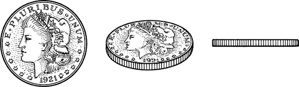 The side view, top view, and front view of a coin.