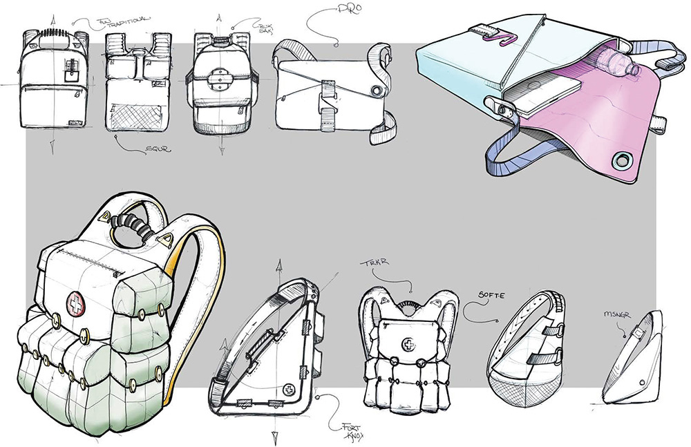 Sketches of multiple backpacks.