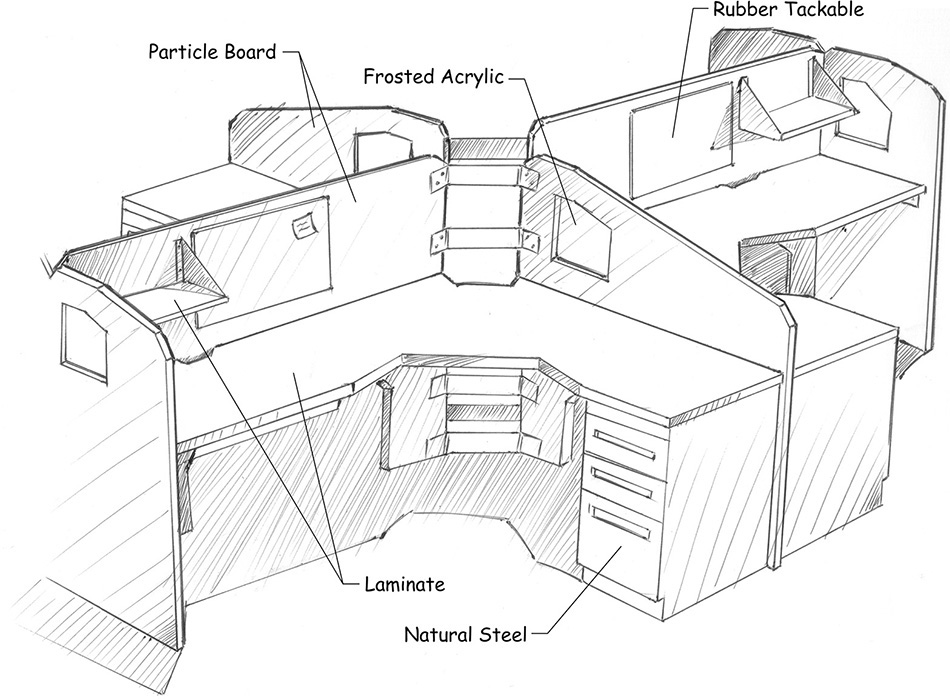 Hand Sketch of a workstation. Particle board, frosted acrylic, laminate, natural steel, and rubber tackable are labeled.