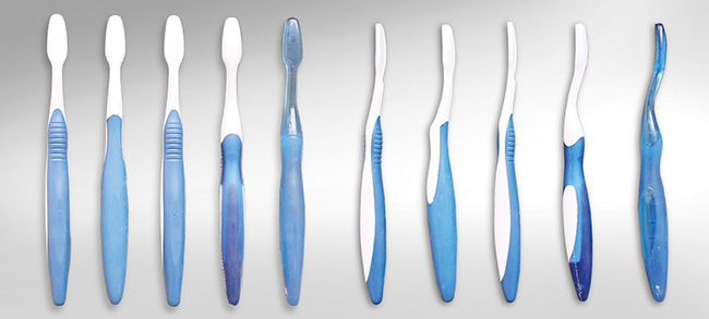 Prototypes of toothbrushes generated from the 3D model.