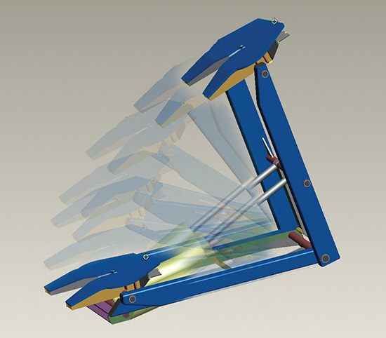 A three-dimensional view of an object, like a foot pump, with traces of motion is shown.