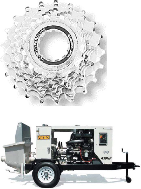 A radial model looking similar to a set of gears stacked one above the other is seen. A REED machine over a wheeled base is present underneath.