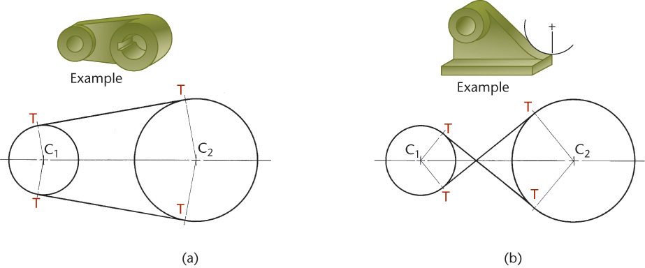 Two figures placed on the left and right depict drawing tangents to two circles.