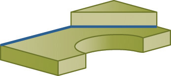 Model shows a horizontal rectangular slab with a semicircular slot at the middle. A horizontal triangle is placed at the top-right corner. The top side of the slab and the bottom side of the triangle are highlighted.