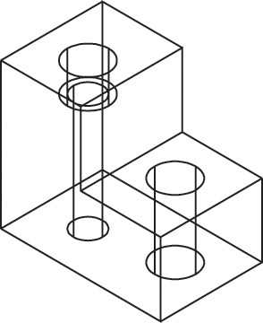 Figures shows a 3D model of an L shaped structure with two cylinders on it drawn using lines, circles, and arcs.