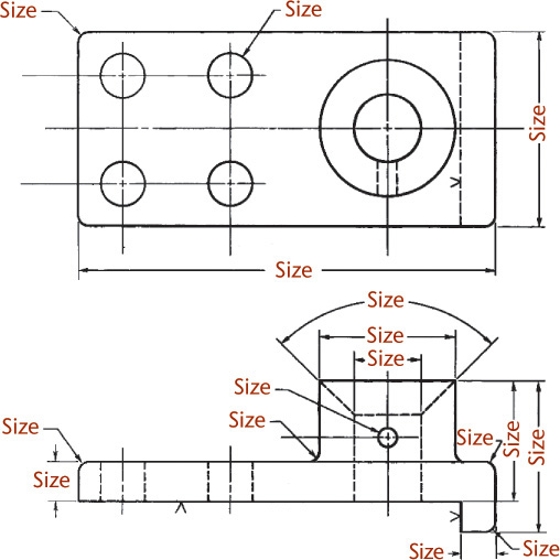 Two drawings at the top and bottom depict the second step of dimensioning by geometric breakdown.