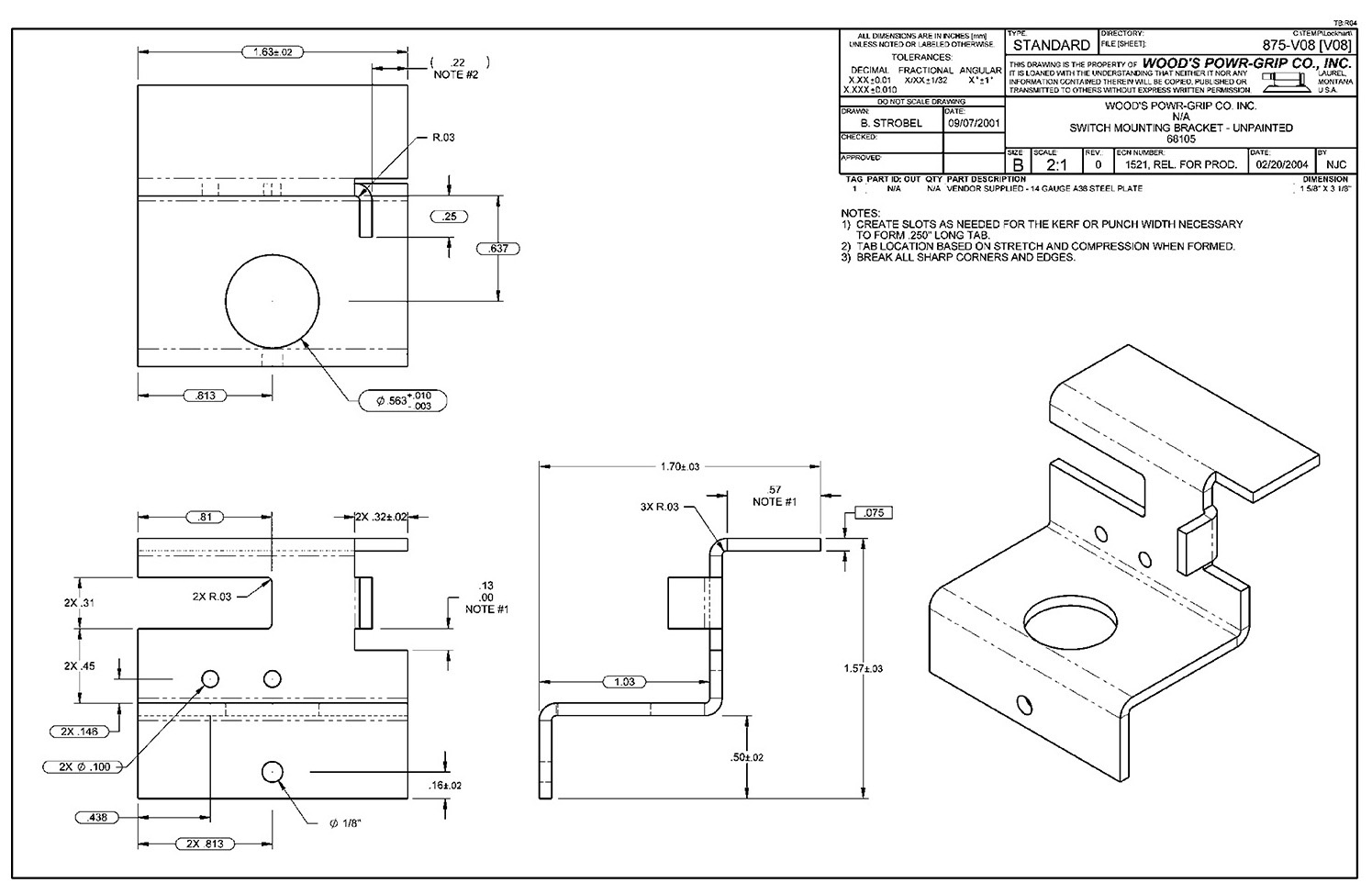 Drawings show the different views of a switch mounting bracket is shown.