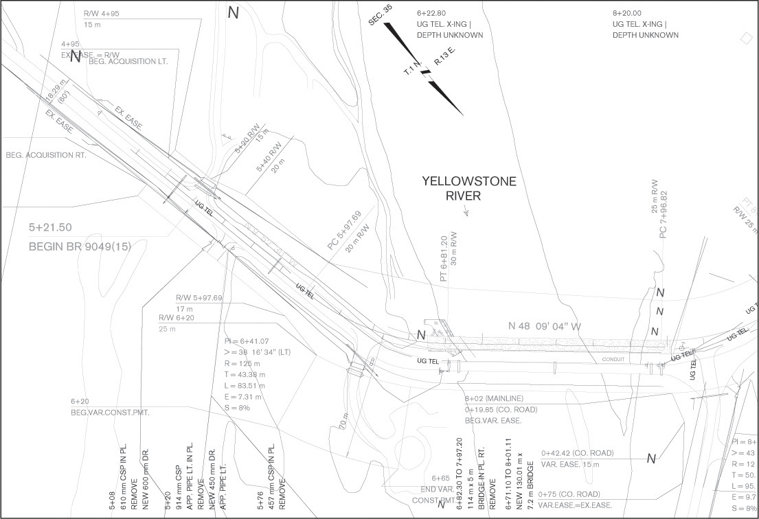 2D CAD drawing of a highway plan over the Yellowstone River with several instructions like 5 + 08, NEW 600 mm DR, and REMOVE 610 mm CSP IN PL are shown.