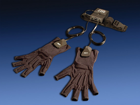Photograph shows a pair of virtual reality gloves.