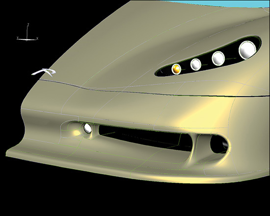 Surface model shows the nose of the Romulus Predator prototype with several lines which denote the surface patches.