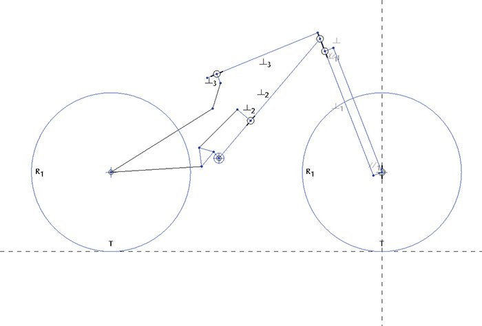 The constrained sketch shows skeleton model of a mountain bike assembly.