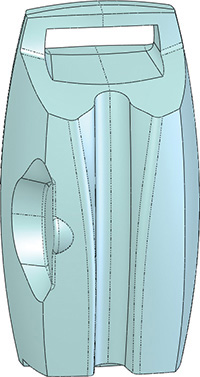 Figure shows a clamshell like structure with handle at the top and non-symmetrical features added to it.