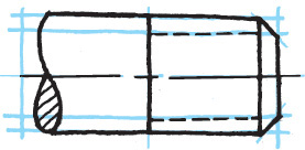 Figure shows a rectangle with right edges tapered and a vertical line at the center. The right half of the rectangle shows hidden lines at the top and bottom. The left end of the rectangle is curved.