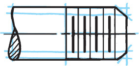 Figure shows a rectangle with a horizontal centerline and a vertical line at the center. The right edges of the rectangle are tapered at an angle of 45 degrees. Two horizontal lines are drawn at the top and bottom of the rectangle. Consecutive short and long lines are shown at the right half.