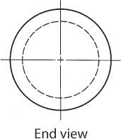 End view shows a circle with centerlines and a hidden circle inside it.