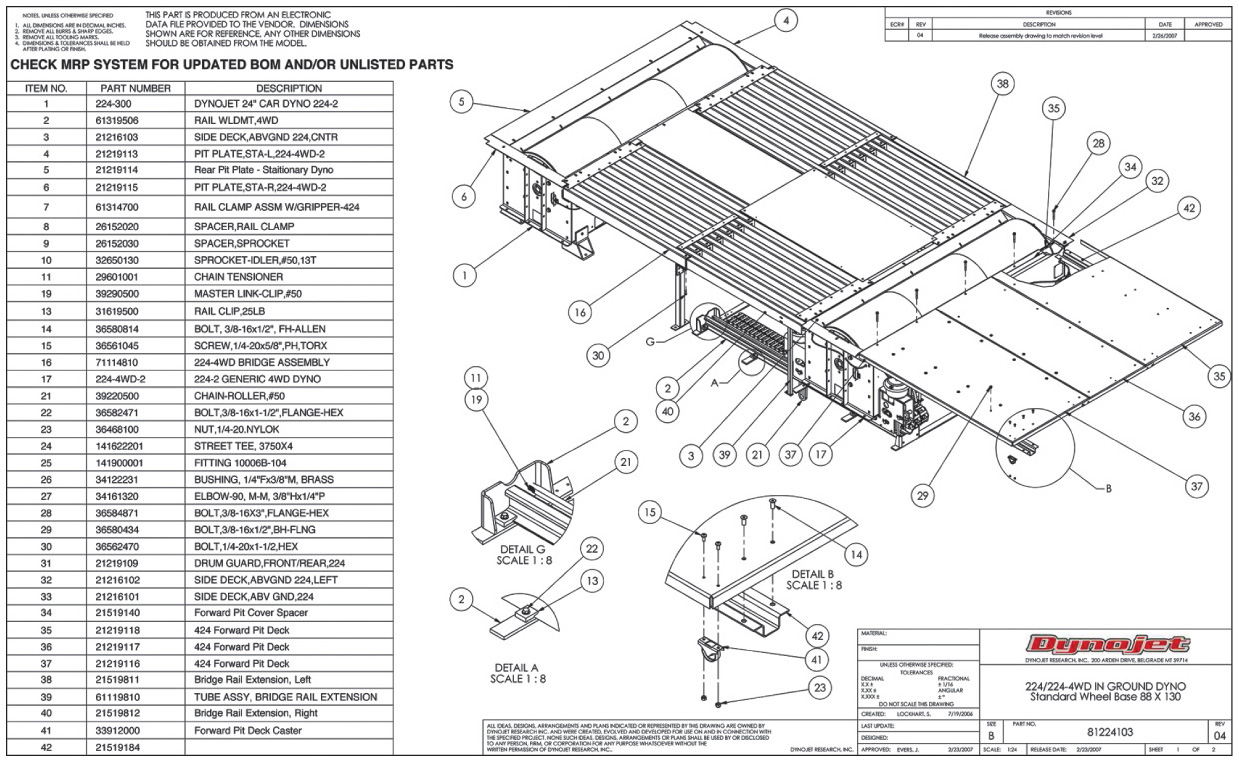 Figure shows the detailed drawing of four wheel pit dyno machine with its assembly assigned.