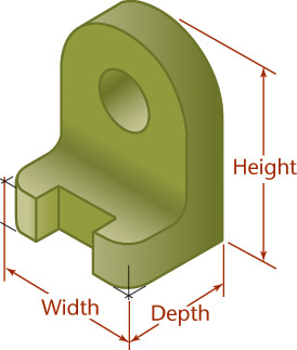 Figure of a 3D object that resembles a chair, with a circular hole through the vertical portion that is rounded at the top and a ridge cut out from its bottom edge. The width, depth, and height are marked.