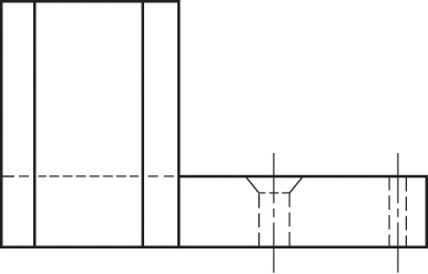 Figure showing the front view projection of a transparent 3D object, which has features like chimneys in it, the outlines of which are drawn in the view.