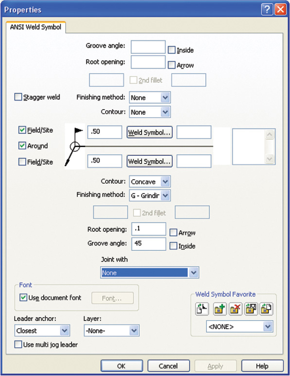 Screenshot depicts the SolidWorks weld symbol properties dialog box.