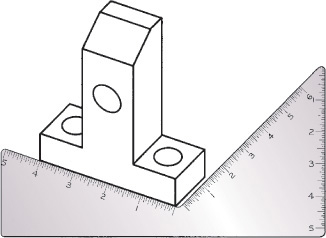 Figure shows a trimetric view of a part, with its width and length aligned over a measuring scale.