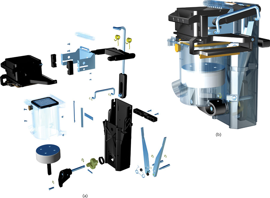 A computer-aided design of a coffee brewer is shown on the right with the visualization of various components on the left that make up the brewer.