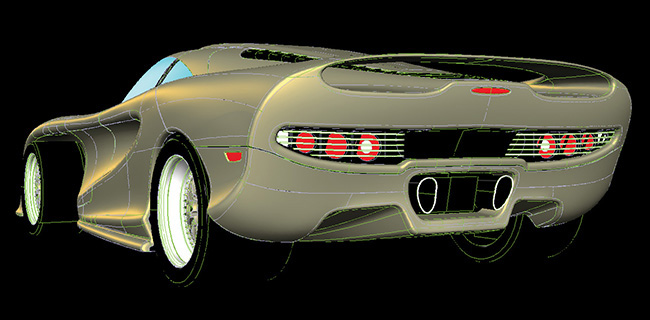 Three-dimensional view of a car from the rear is shown.