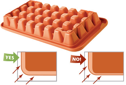 A flipped view of an ice cube tray is shown. A box labeled "Yes" shows uniform thickness between the walls of the tray while a box labeled "No" shows irregular thickness between the walls.