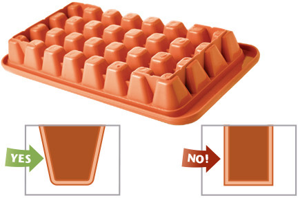 A flipped view of an ice cube tray is shown. A box labeled "Yes" shows curved slots while a box labeled "No" shows sharp slots.