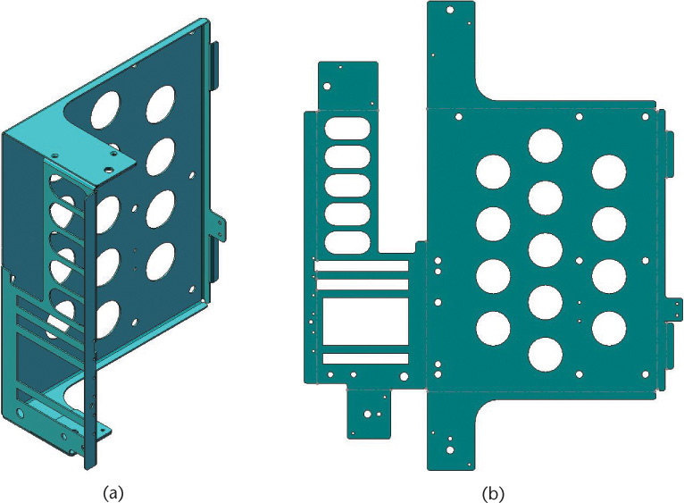 A three-dimensional view of a part with several grills and holes is present on the left. A flat sheet with several grills and holes is present on the right.