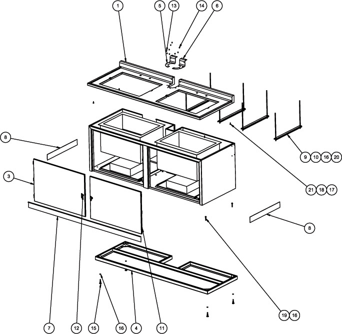 A wireframe view of a washing cabinet shows the individual components making the cabinet and numbers them.