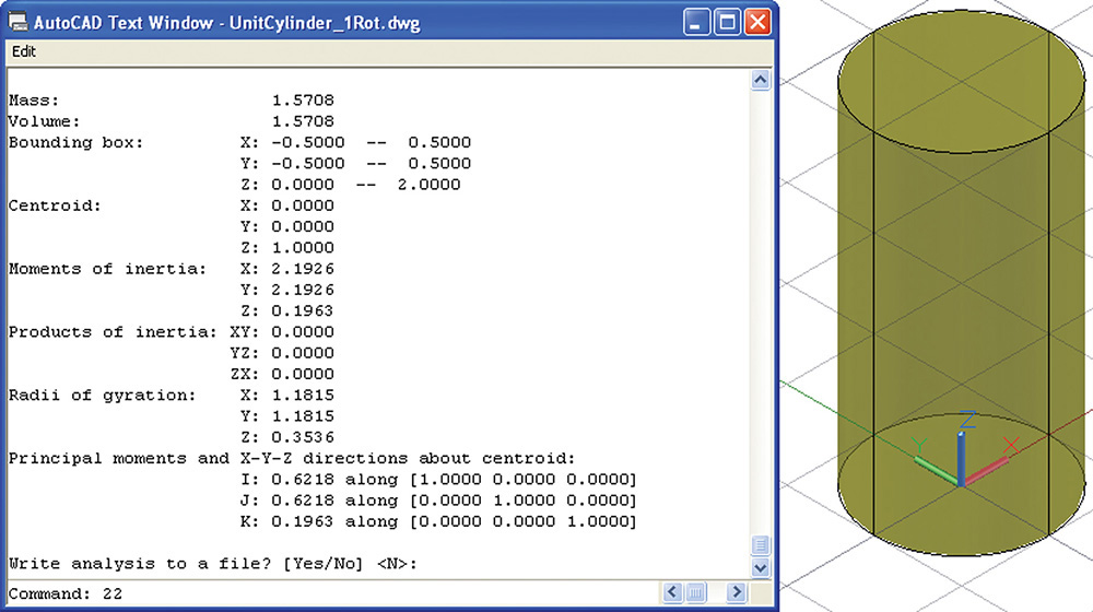 Mass properties for a cylinder from AutoCAD is shown.